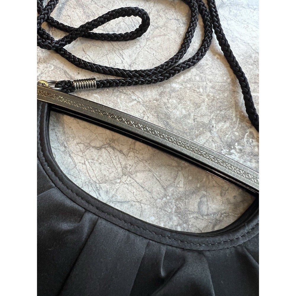 Kate Landry Black Satin Evening Clutch Purse Shoulder Bag Silver Frame - Picture 5 of 12